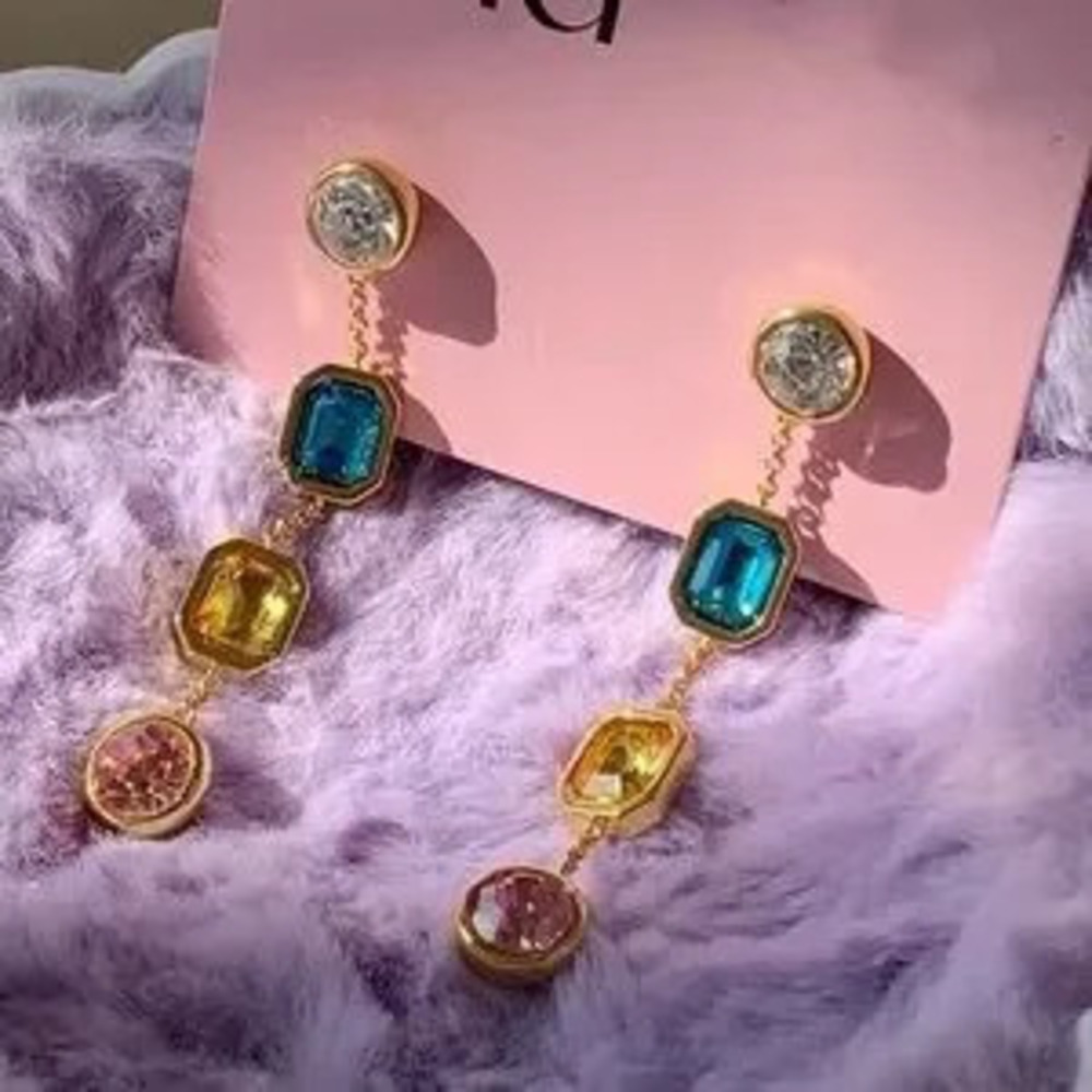 Retro Multicolored Crystal Long Dangle Earring - Picture 4 of 5